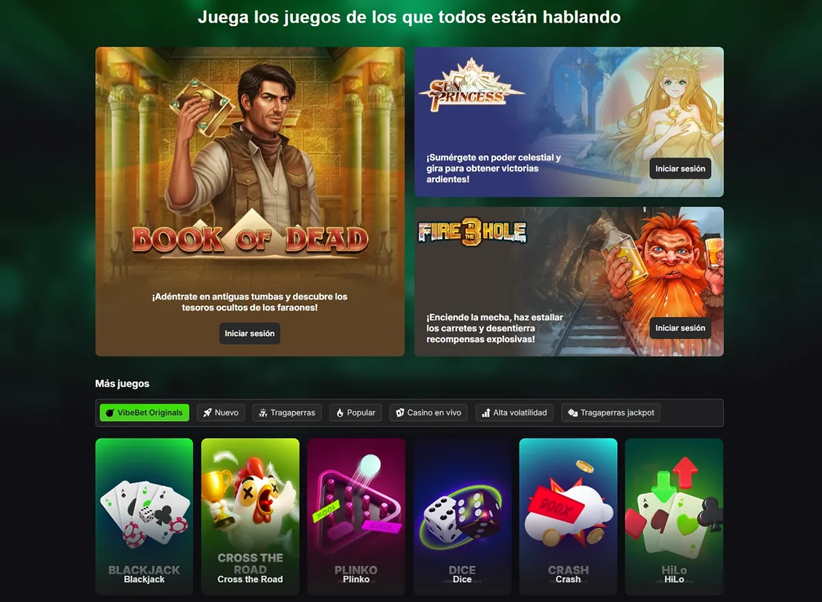 Página principal de VibeBet Casino ES