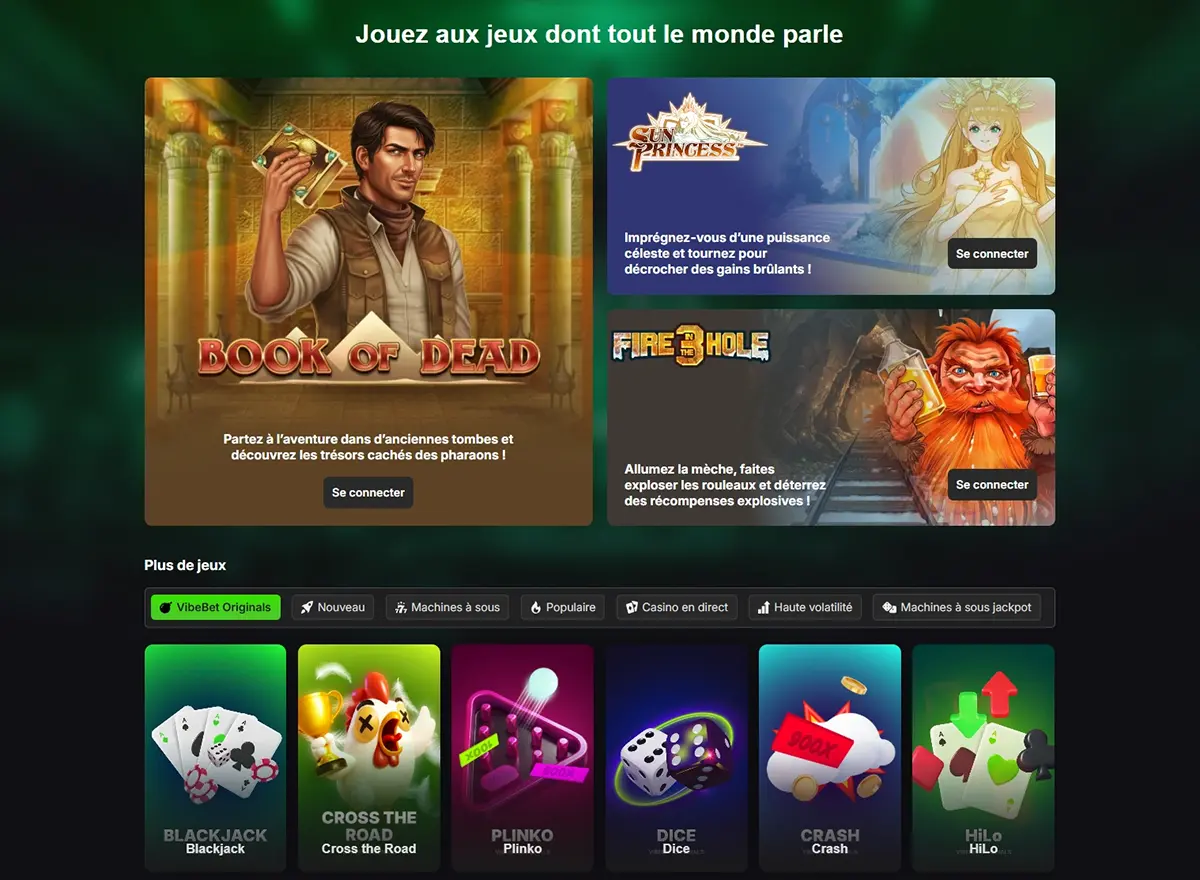 Page d’accueil du Casino VibeBet FR