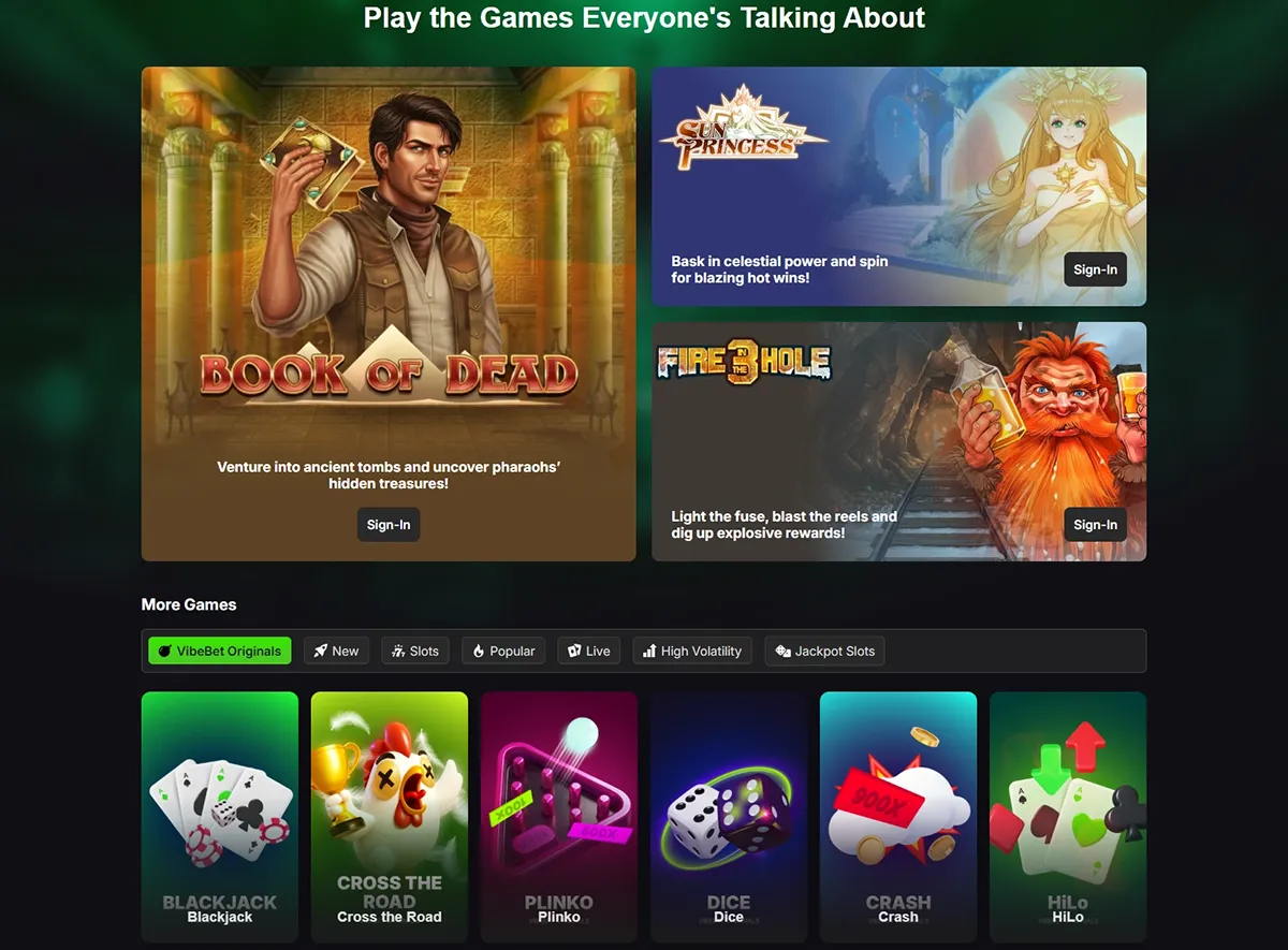 VibeBet Casino UK Homepage